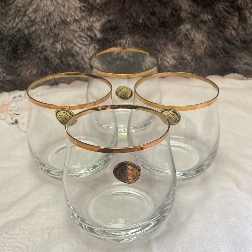1980 Bohemian Crysalex Geneva old Fashion Gold Rim Whiskey Low Ball Glasses.
